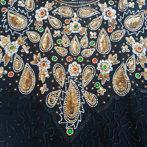 Night Vogue SZ Med 100% Silk Beaded & Sequin Black Evening Dress - Picture 15 of 16